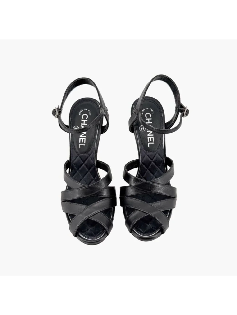 Chanel Black Leather Crystal CC Strappy Heeled Sandals Shoes Size 37 US 6–6.5